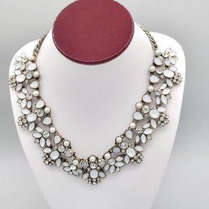 LOFT Silver Tone Rhinestone Crystal Simulated Pearl Statement Necklace 18 in